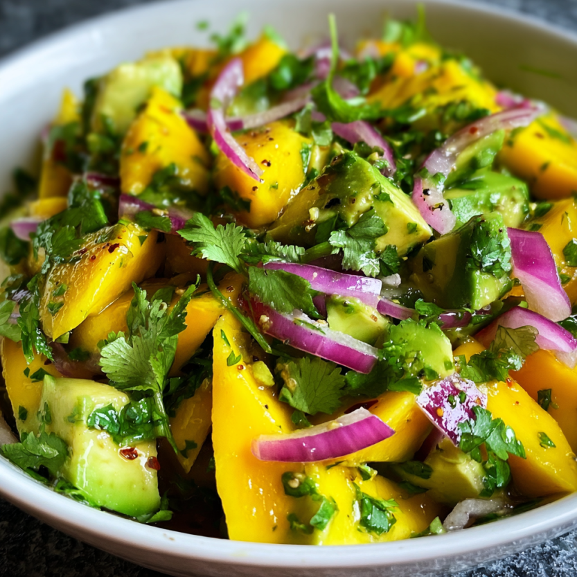 A bowl of avocado mango salad with zesty lime.