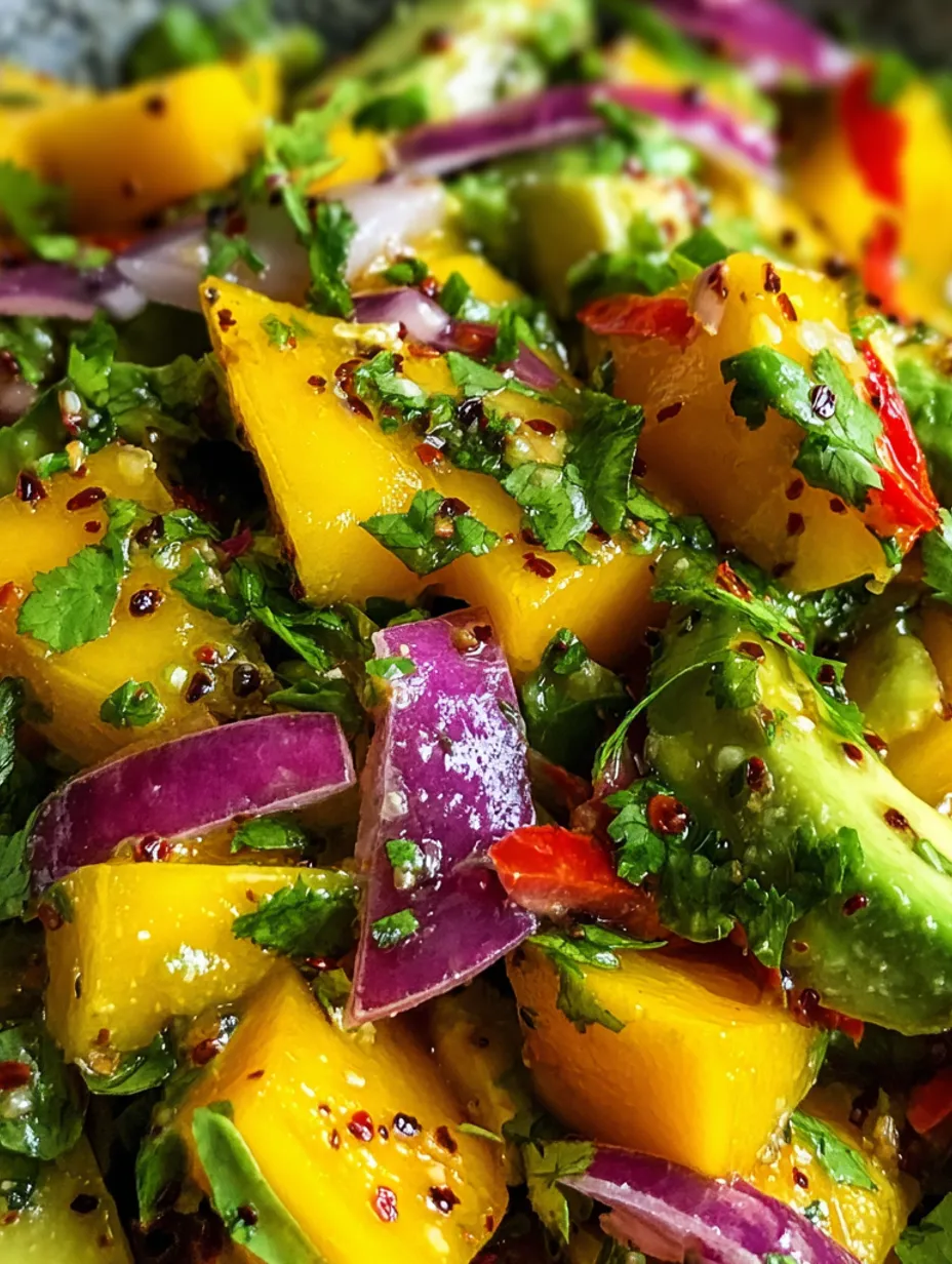 A colorful salad with avocado, mango, and lime.