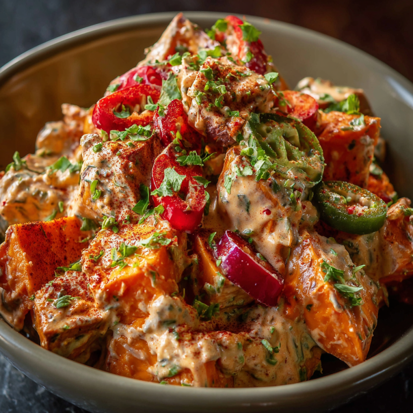 A bowl of sweet potato salad with various toppings.