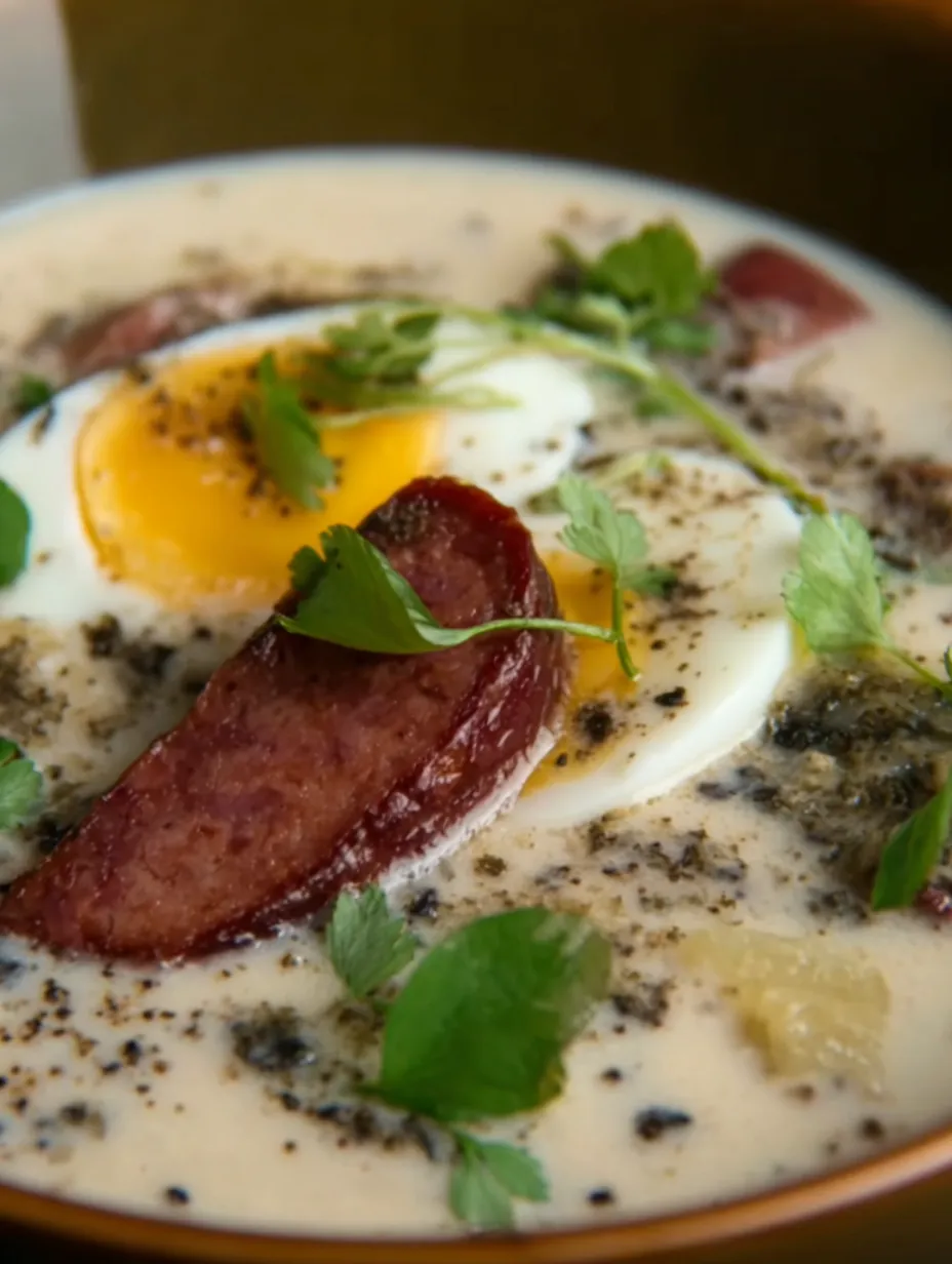 A bowl of soup with a slice of ham and an egg on top.
