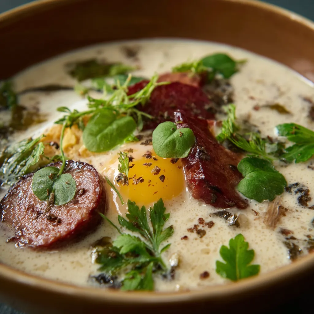 A bowl of soup with meat, eggs, and greens.