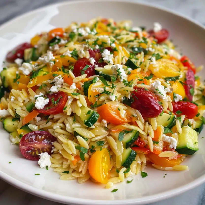 A plate of Rainbow Orzo Salad.