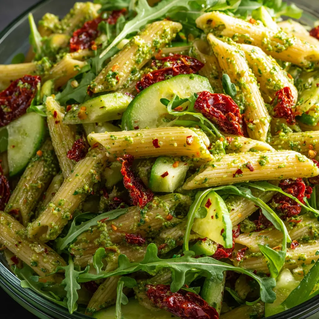 A bowl of pasta salad with vegetables.