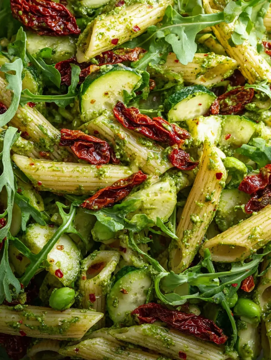 A close up of a pesto pasta salad.