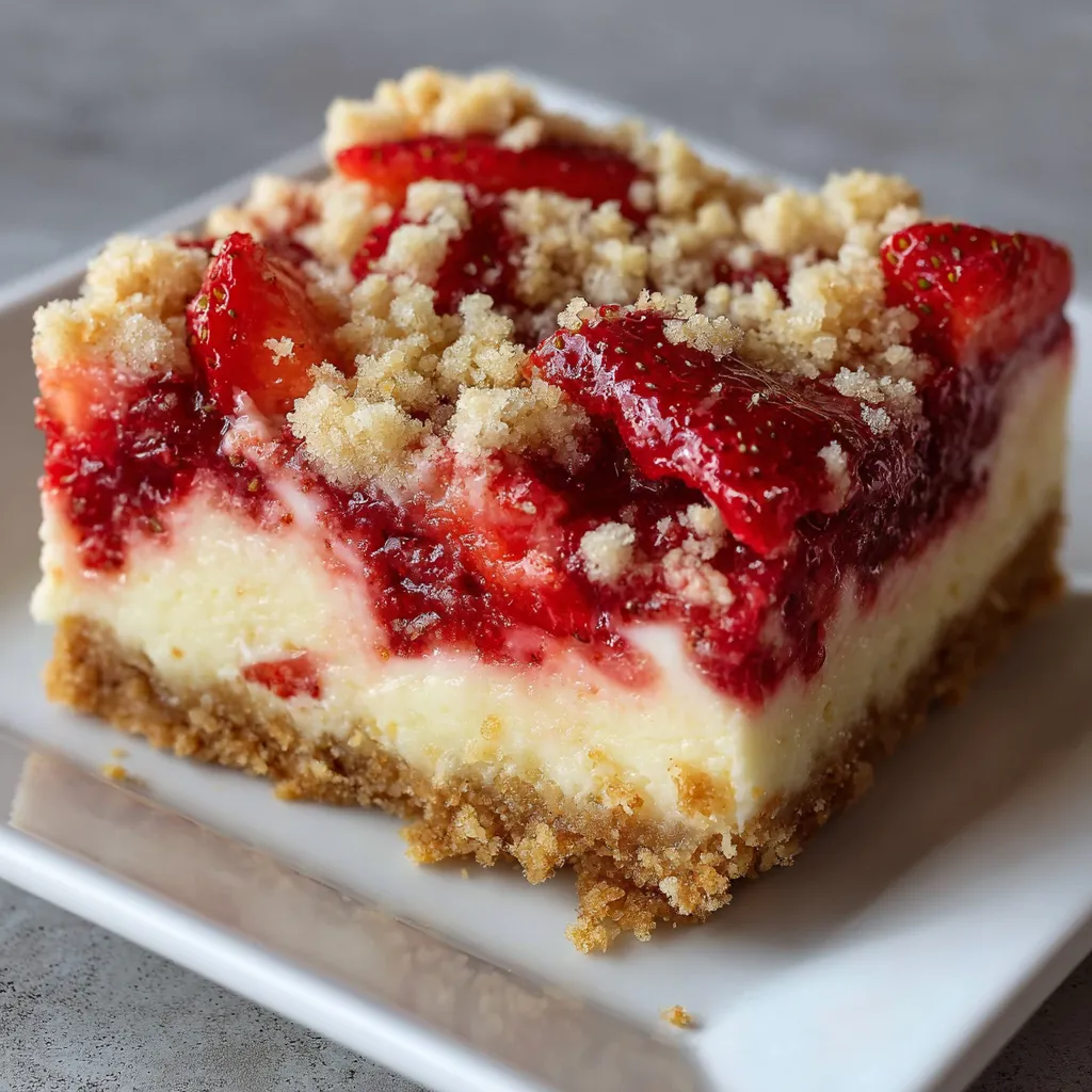 A slice of strawberry cheesecake bars.
