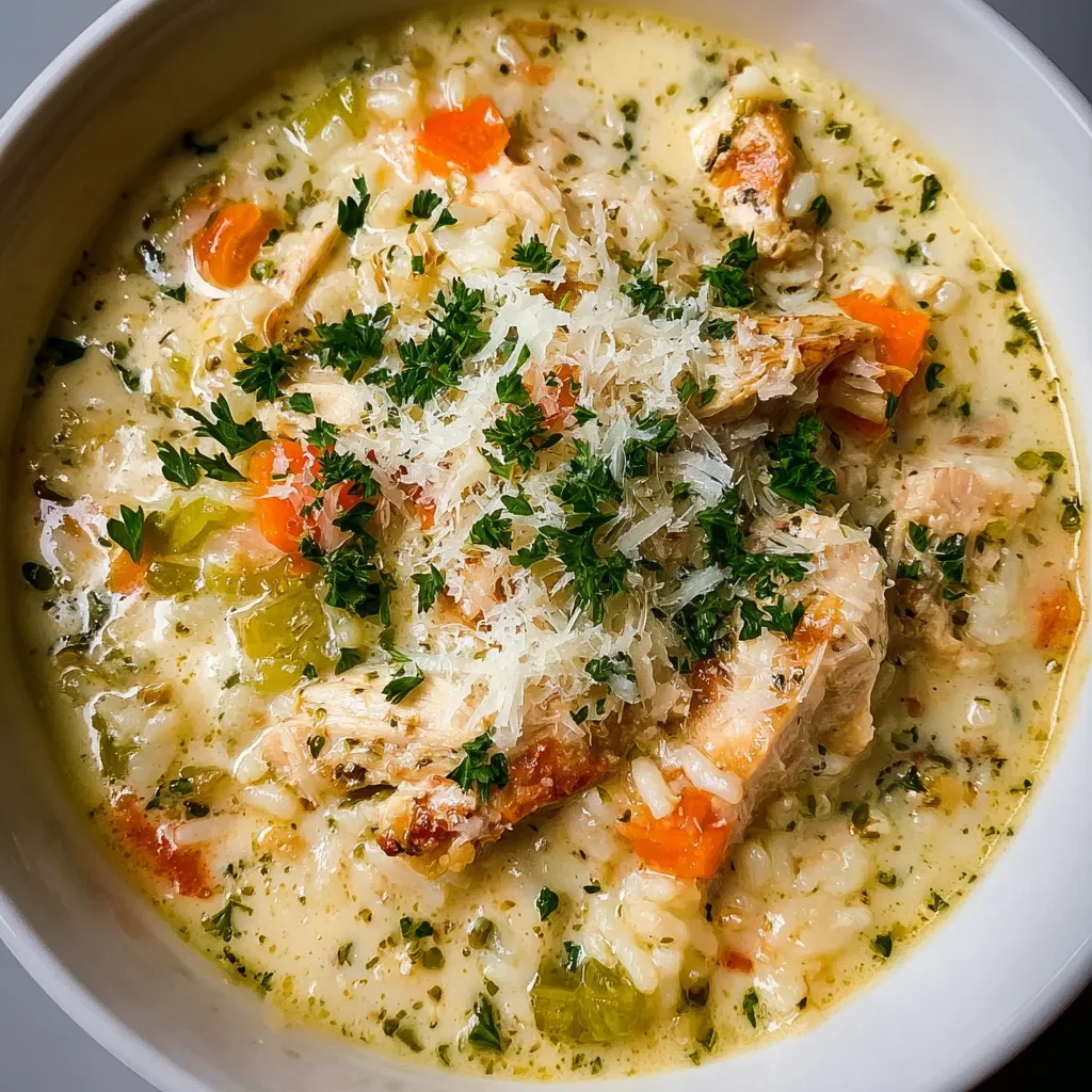 A bowl of creamy chicken and rice soup.