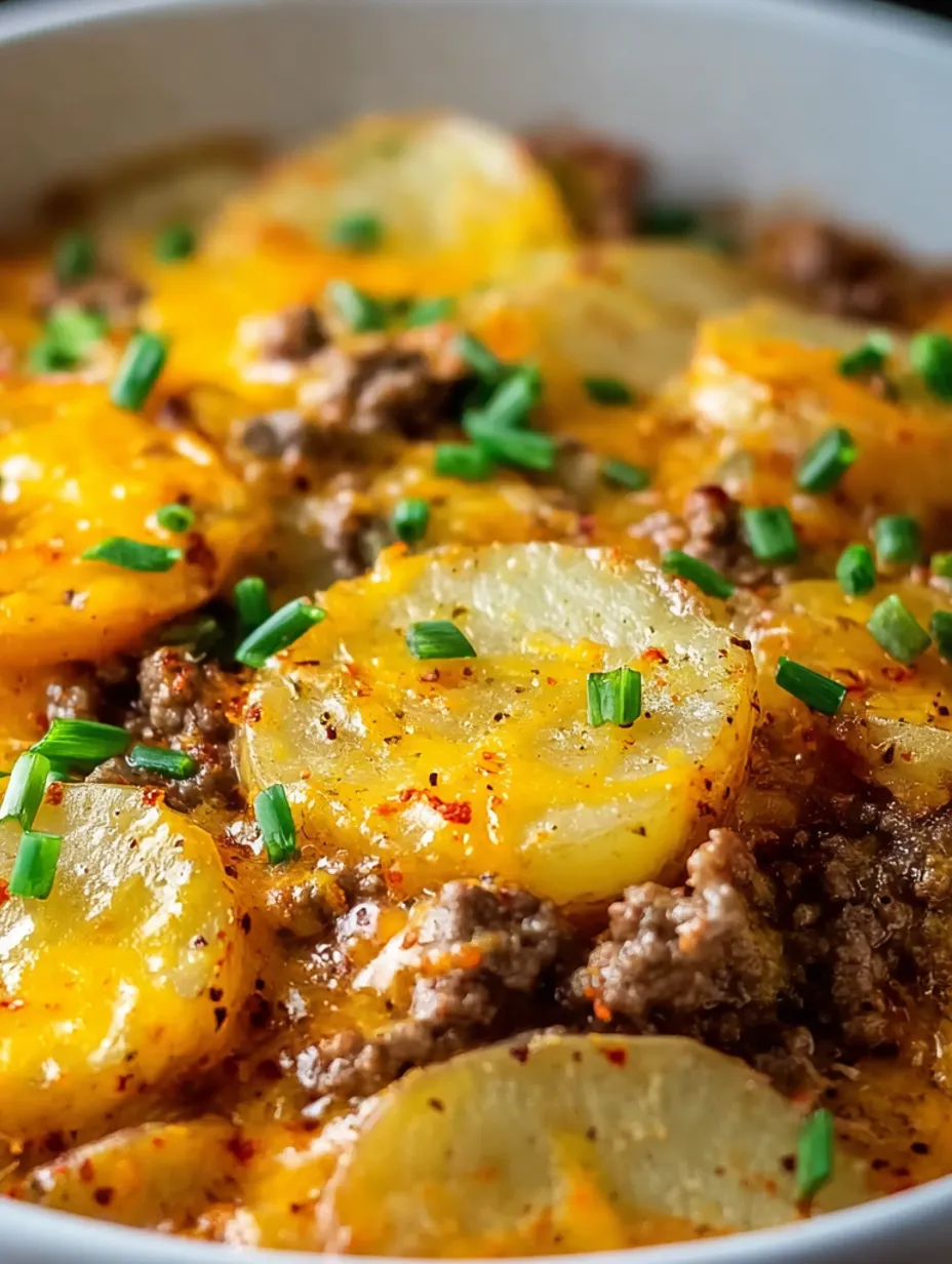 A close up of a delicious hobo casserole with ground beef.