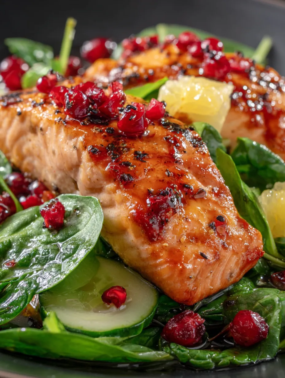 Maple-glazed salmon with spinach, cucumber and pomelo salad.