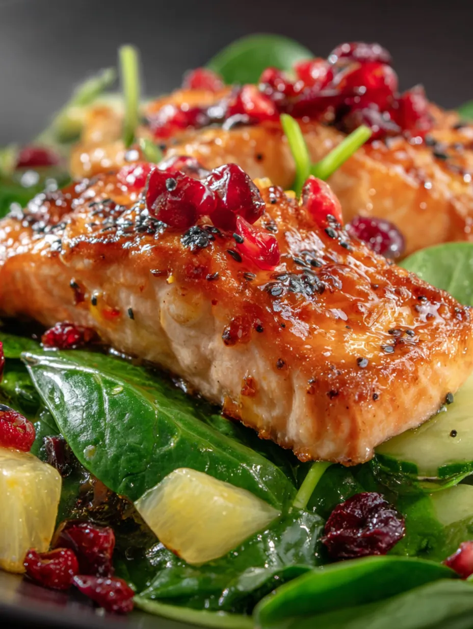 Maple-glazed salmon with spinach, cucumber and pomelo salad.