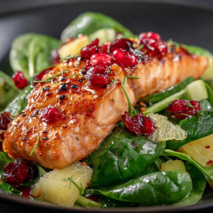 A plate of food with salmon, spinach, cucumber and pomelo salad.