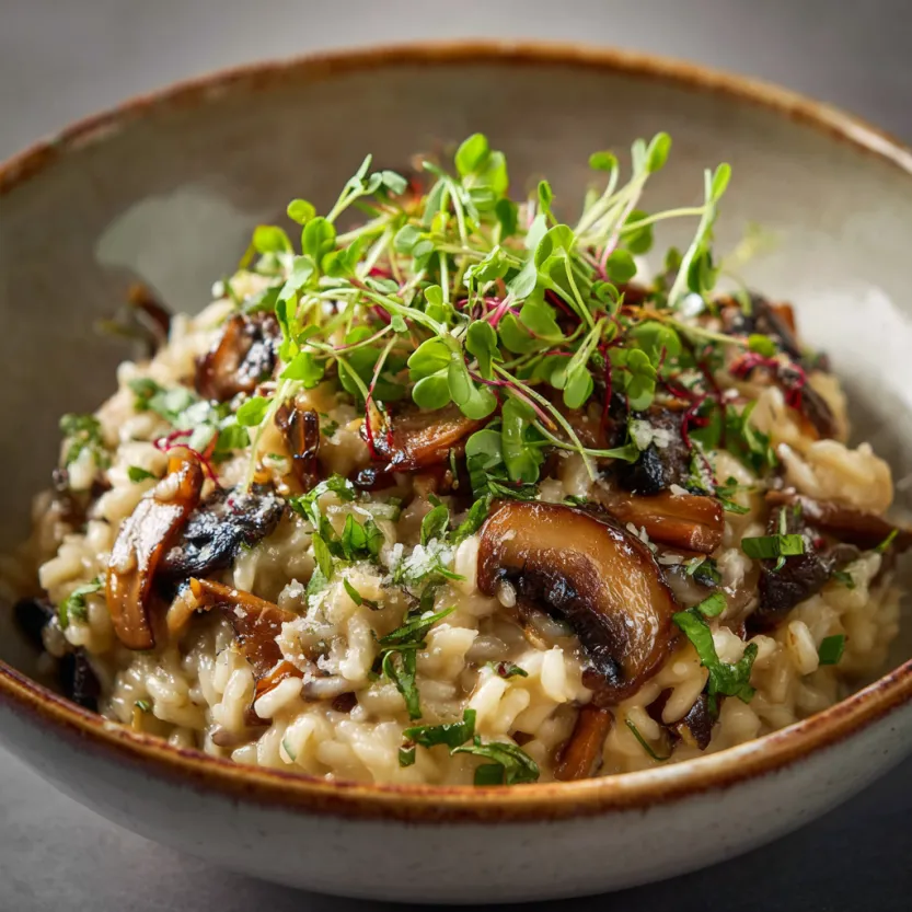 A bowl of rice with mushrooms and celery on top.