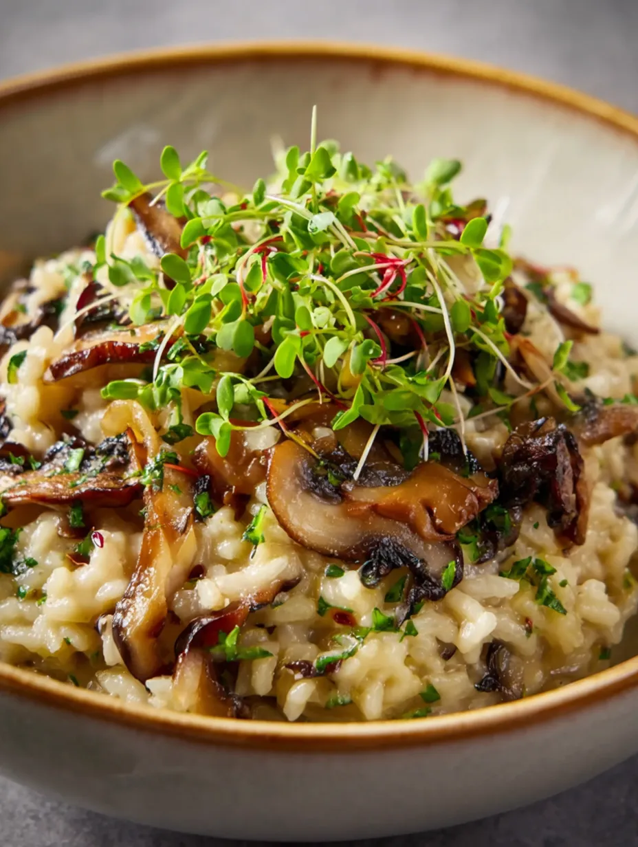 A bowl of rice with mushrooms and celery.