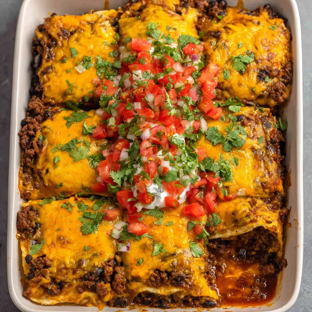 A casserole with ground beef and tomatoes.