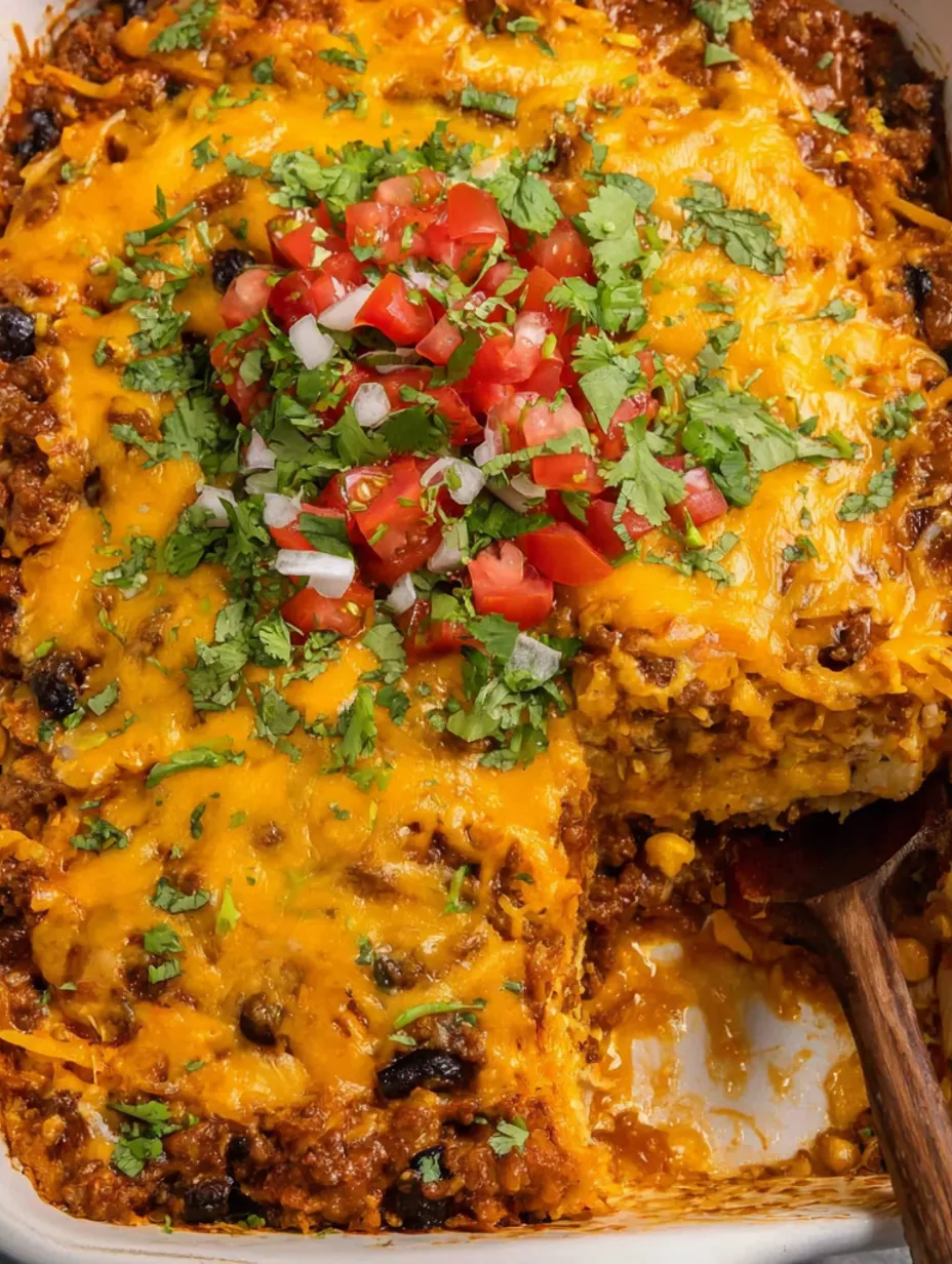 A close up of a delicious ground beef enchilada casserole.