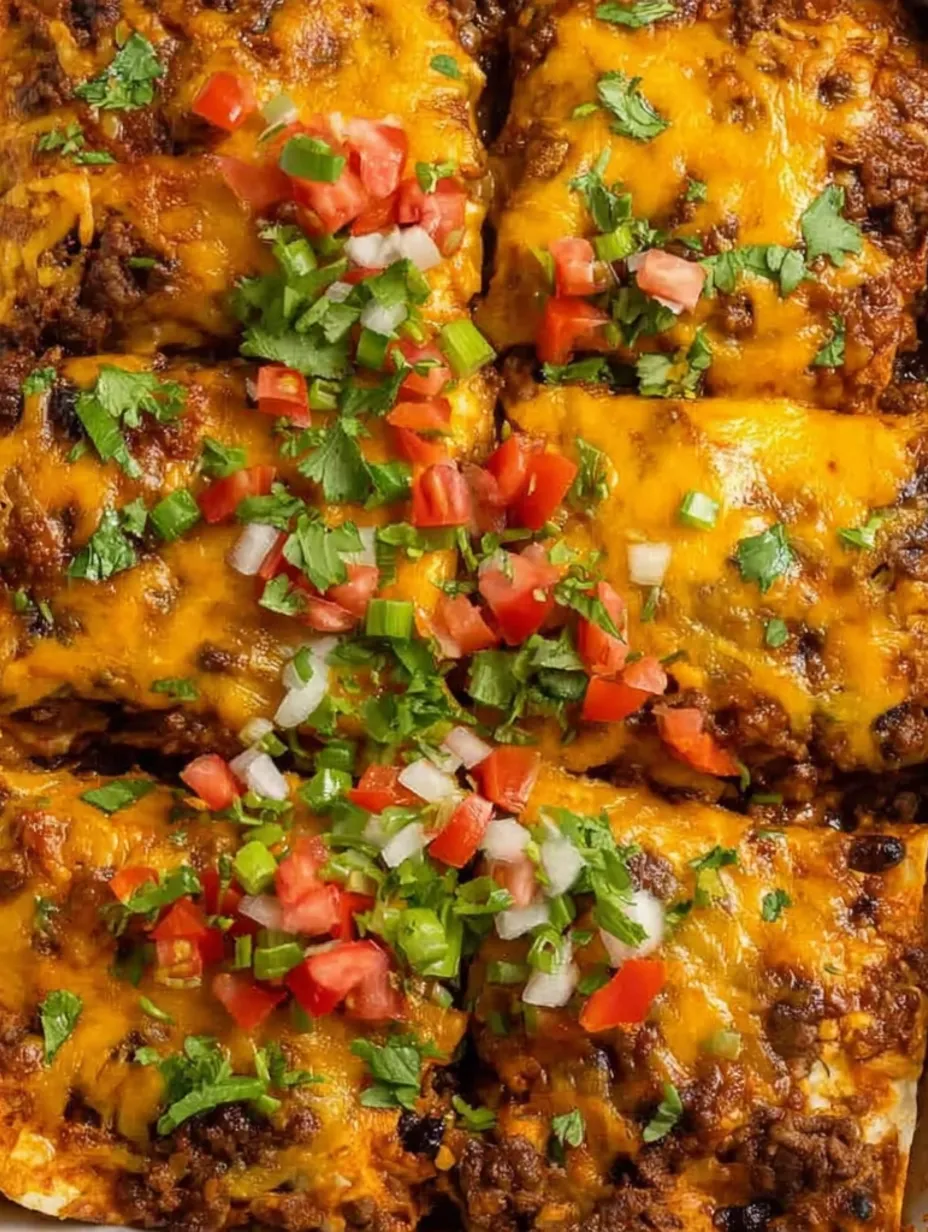 A close up of a delicious ground beef enchilada casserole.