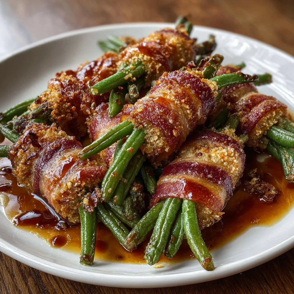 Green bean bundles on a white plate.