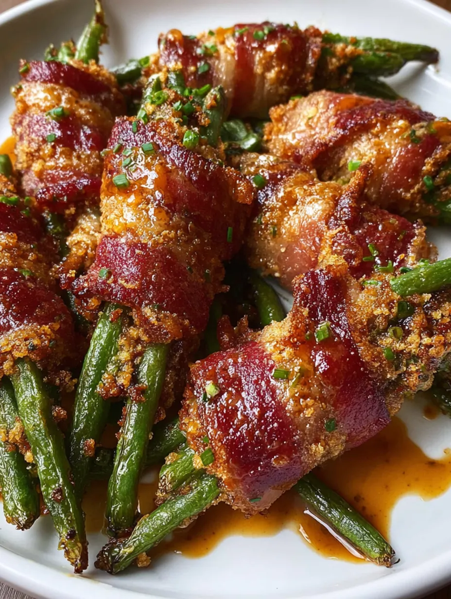 Green bean bundles with bacon wrapped around them.