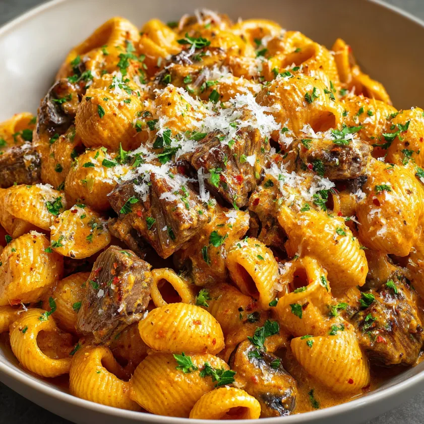A bowl of creamy paprika steak shells.