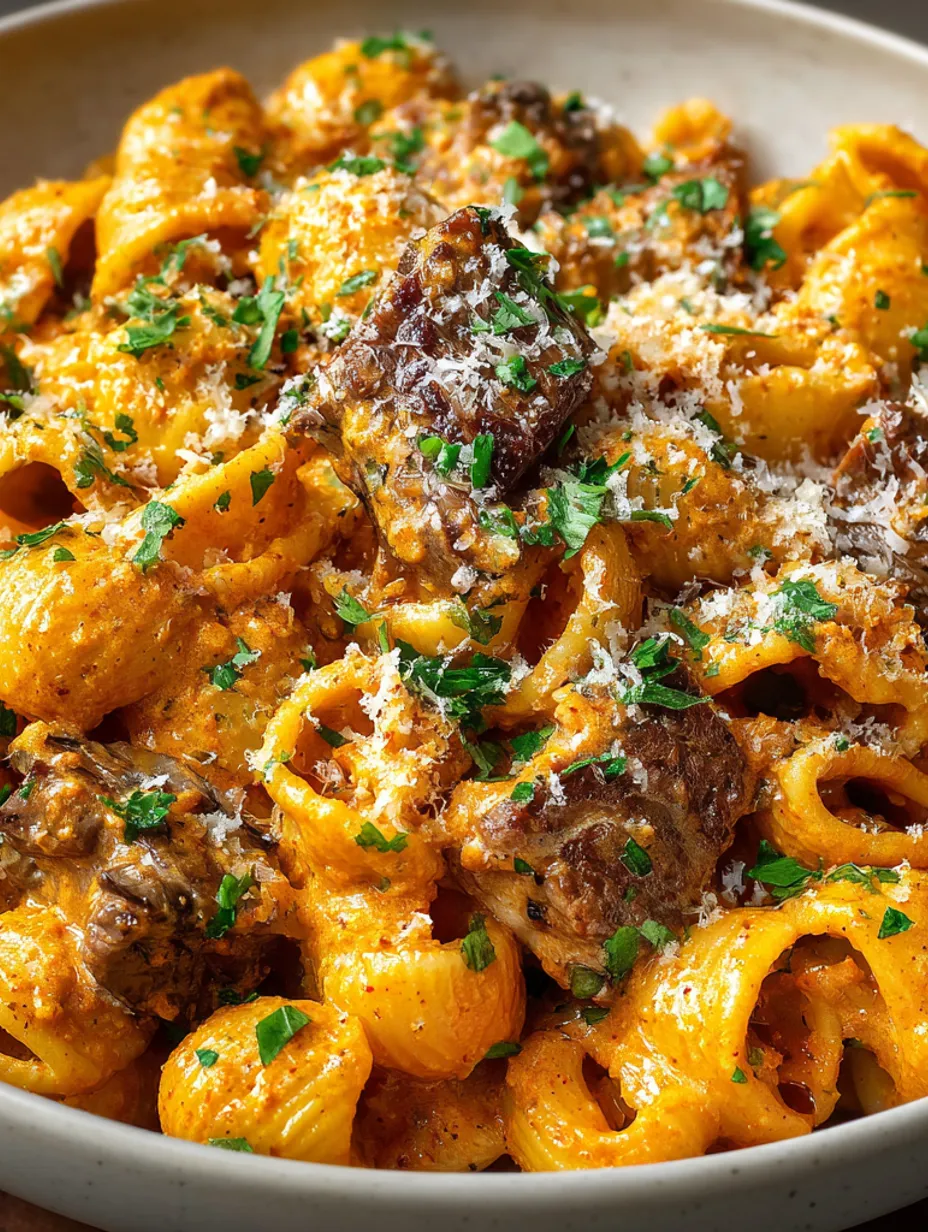 A dish of creamy paprika steak shells.