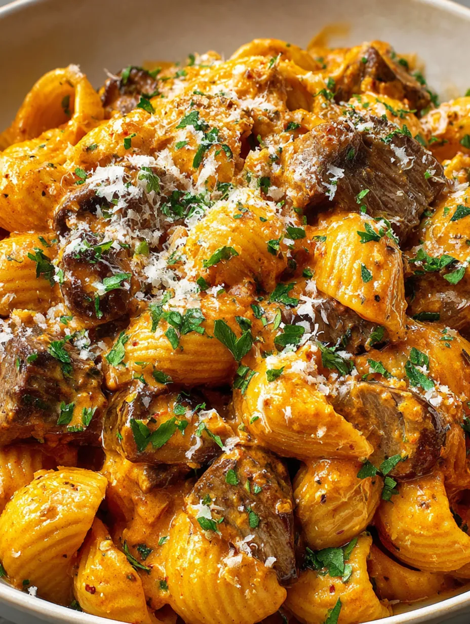A dish of creamy paprika steak shells.