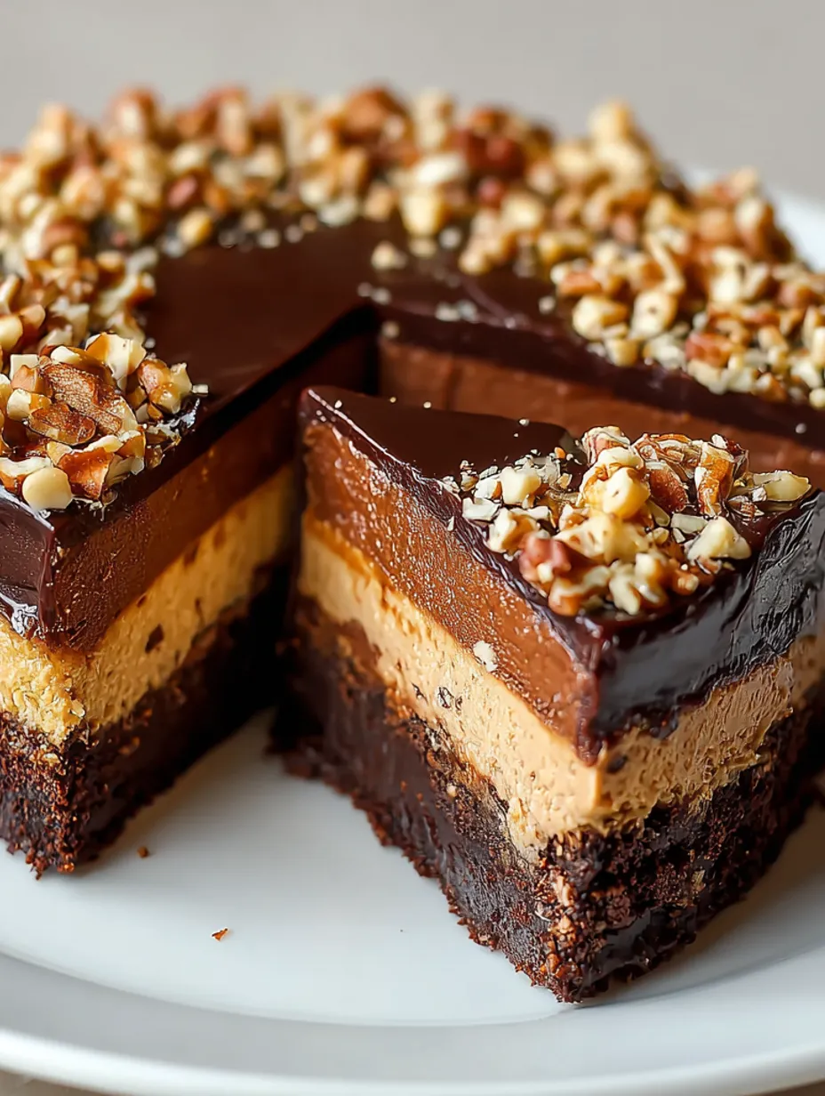 A slice of chocolate peanut butter cheesecake with nuts.