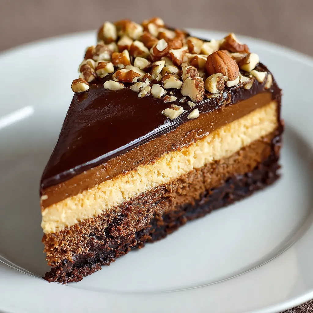 A slice of chocolate peanut butter cheesecake with nuts.