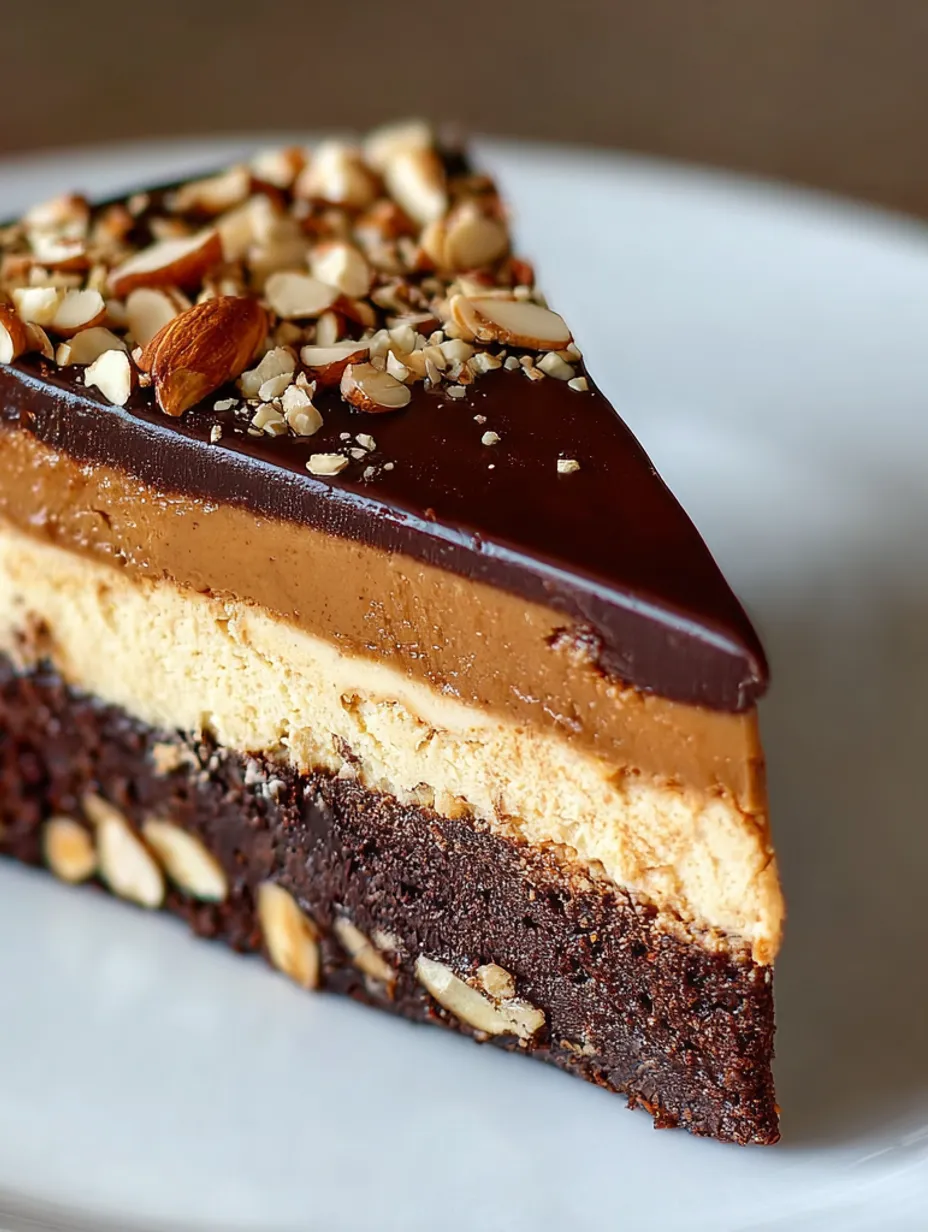 A slice of chocolate peanut butter cheesecake with nuts.