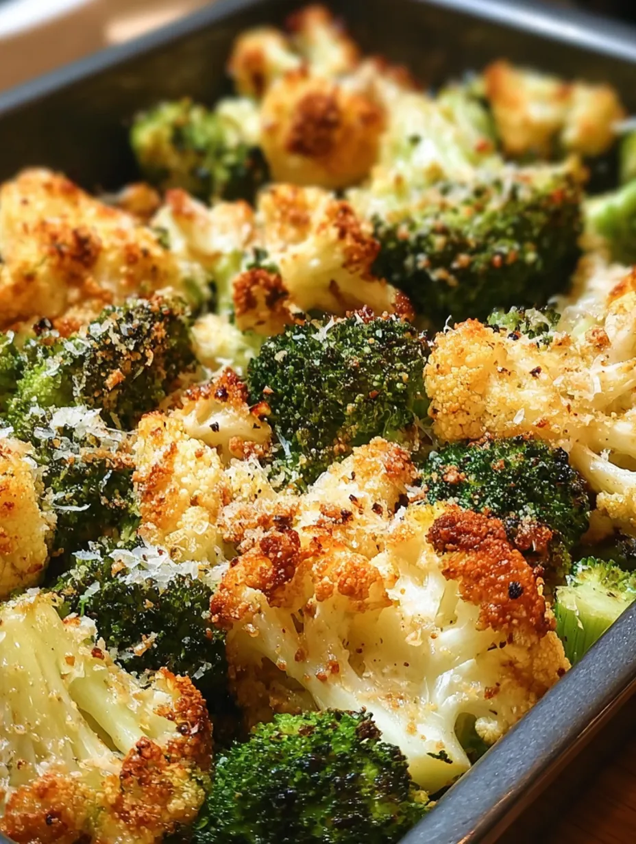 A dish of roasted broccoli and cauliflower.