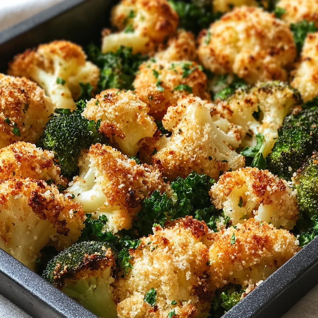 A pan of roasted broccoli and cauliflower.