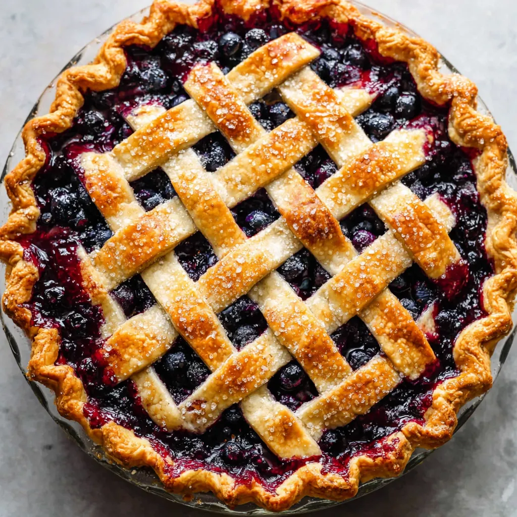 A homemade blueberry pie with a lattice crust.