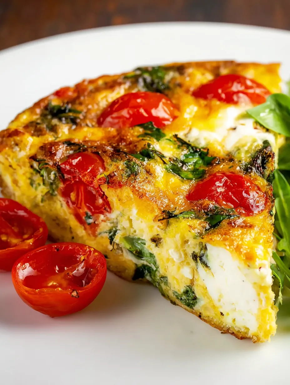 A slice of crustless quiche with tomatoes and spinach.