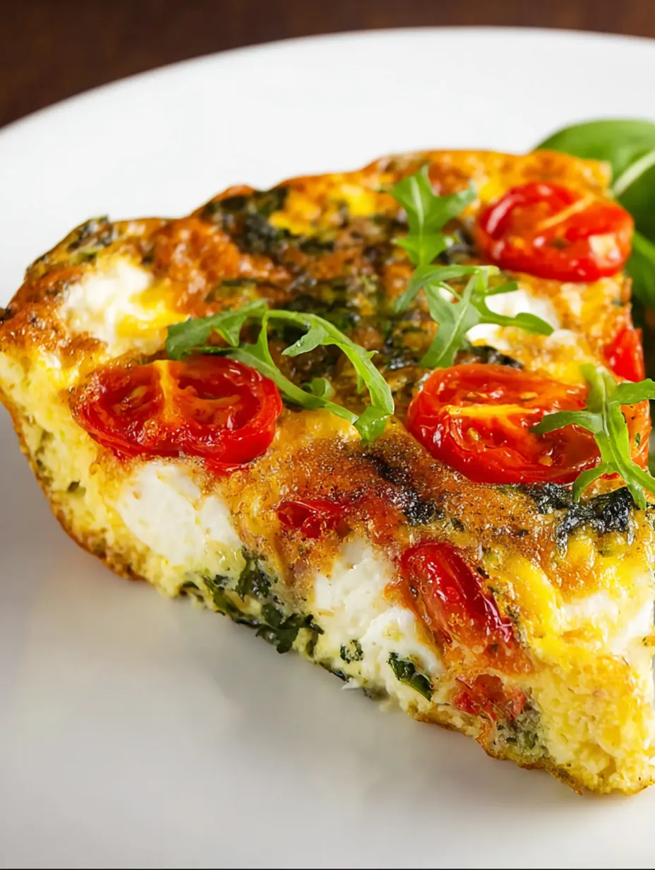 A slice of crustless quiche with tomatoes and spinach.