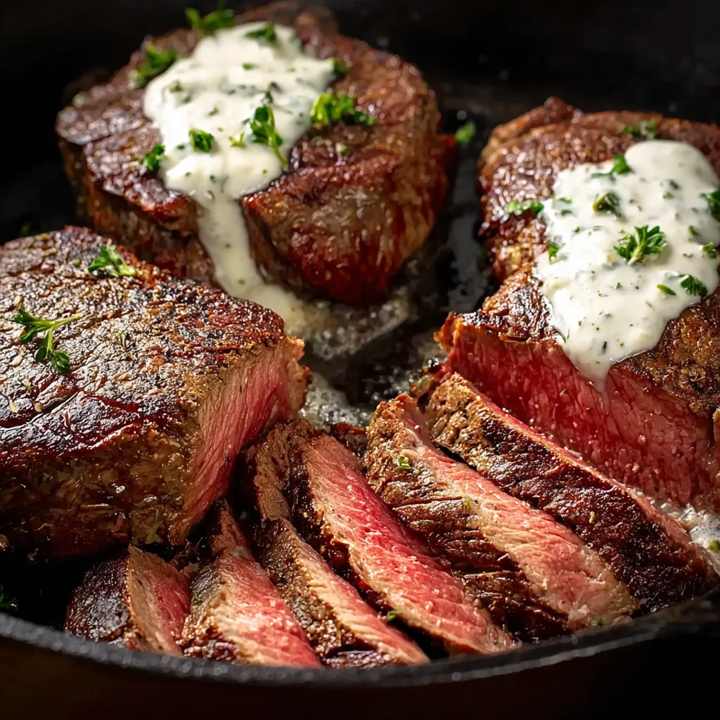 Pan seared filet mignon with white sauce.