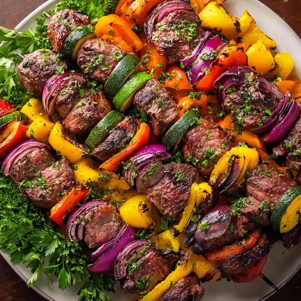 A plate of shish kabobs with various vegetables.