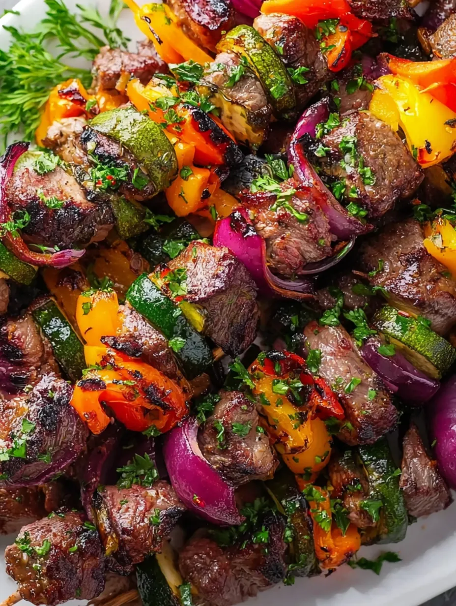 A plate of shish kabobs with peppers and onions.