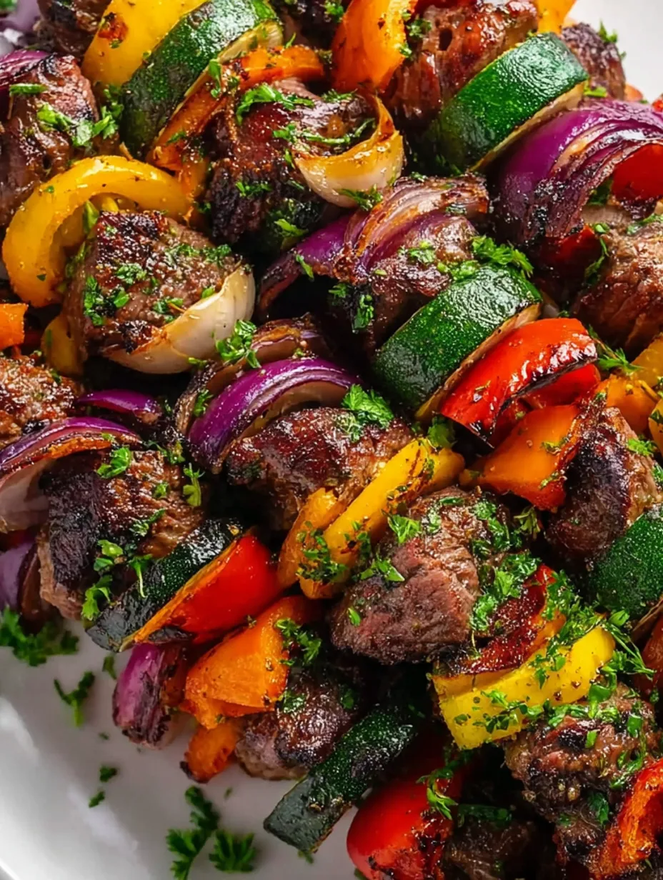 A plate of shish kabobs with various vegetables and meat.
