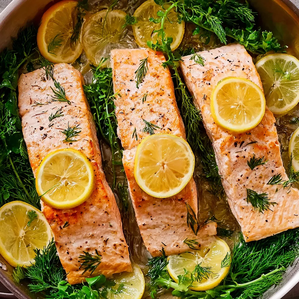 Poached salmon with lemon slices and herbs.