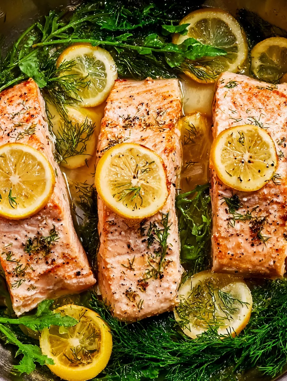 Poached salmon with lemon slices.