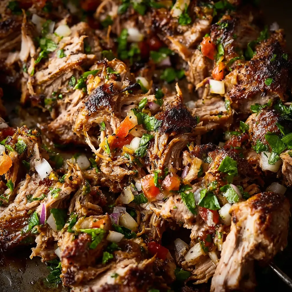 A close up of Kalua-style pork kabobs.