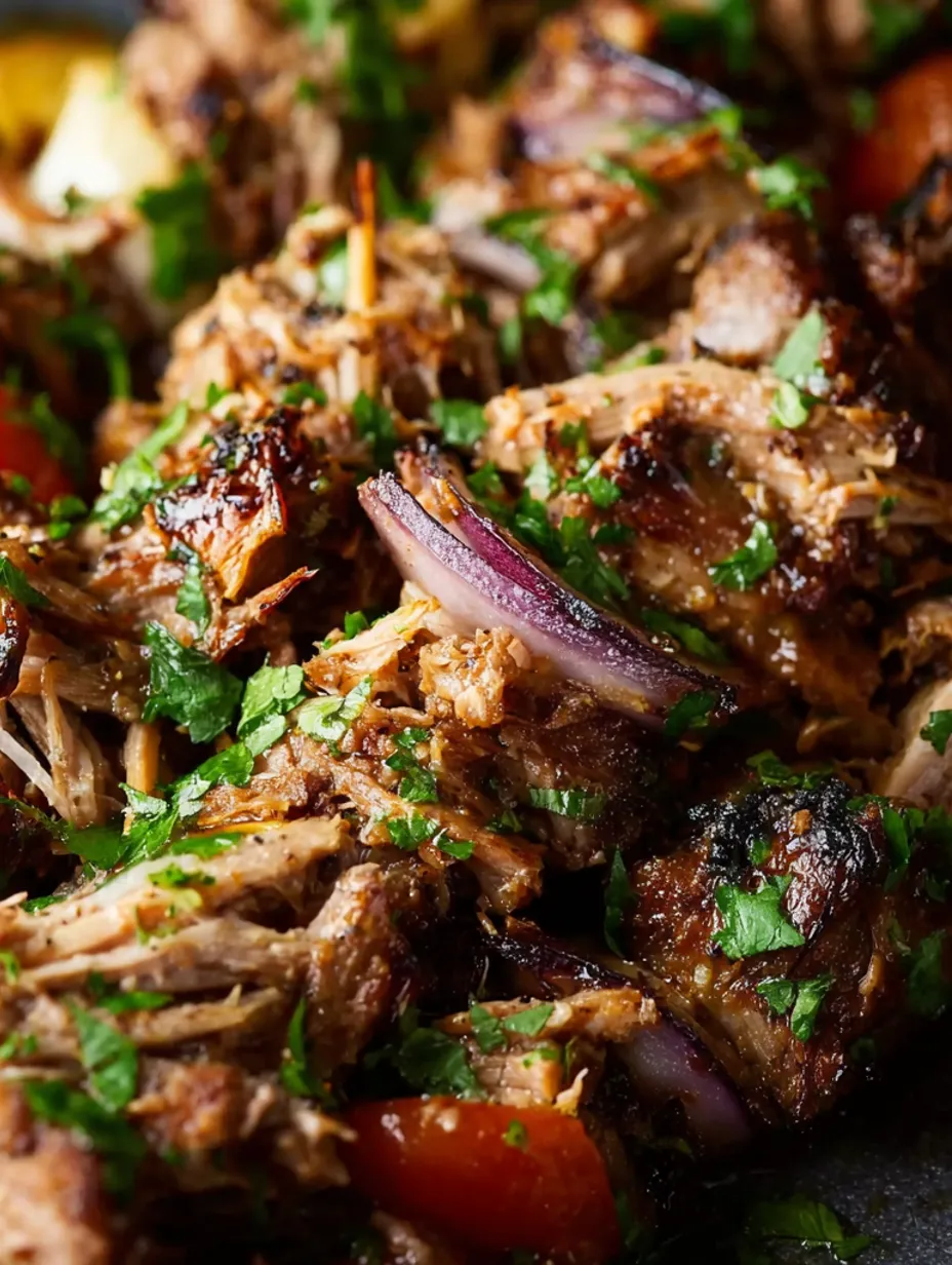 A close up of Kalua-style pork kabobs.