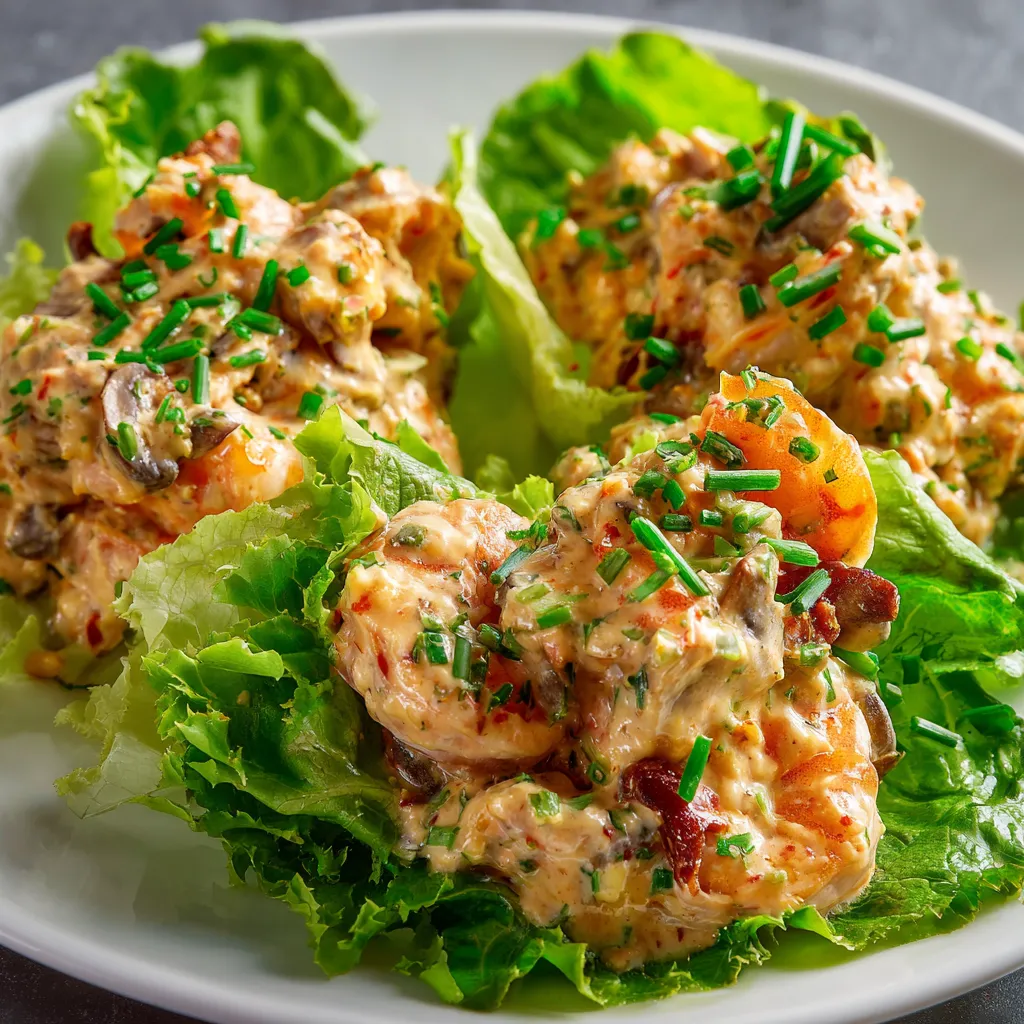 A plate of shrimp with lettuce and sauce.
