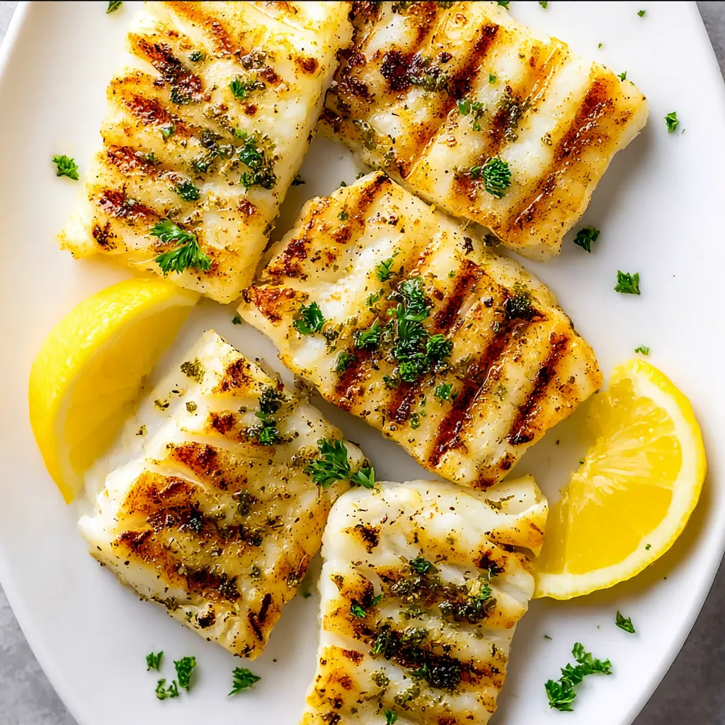 Grilled halibut with lemon and herbs.