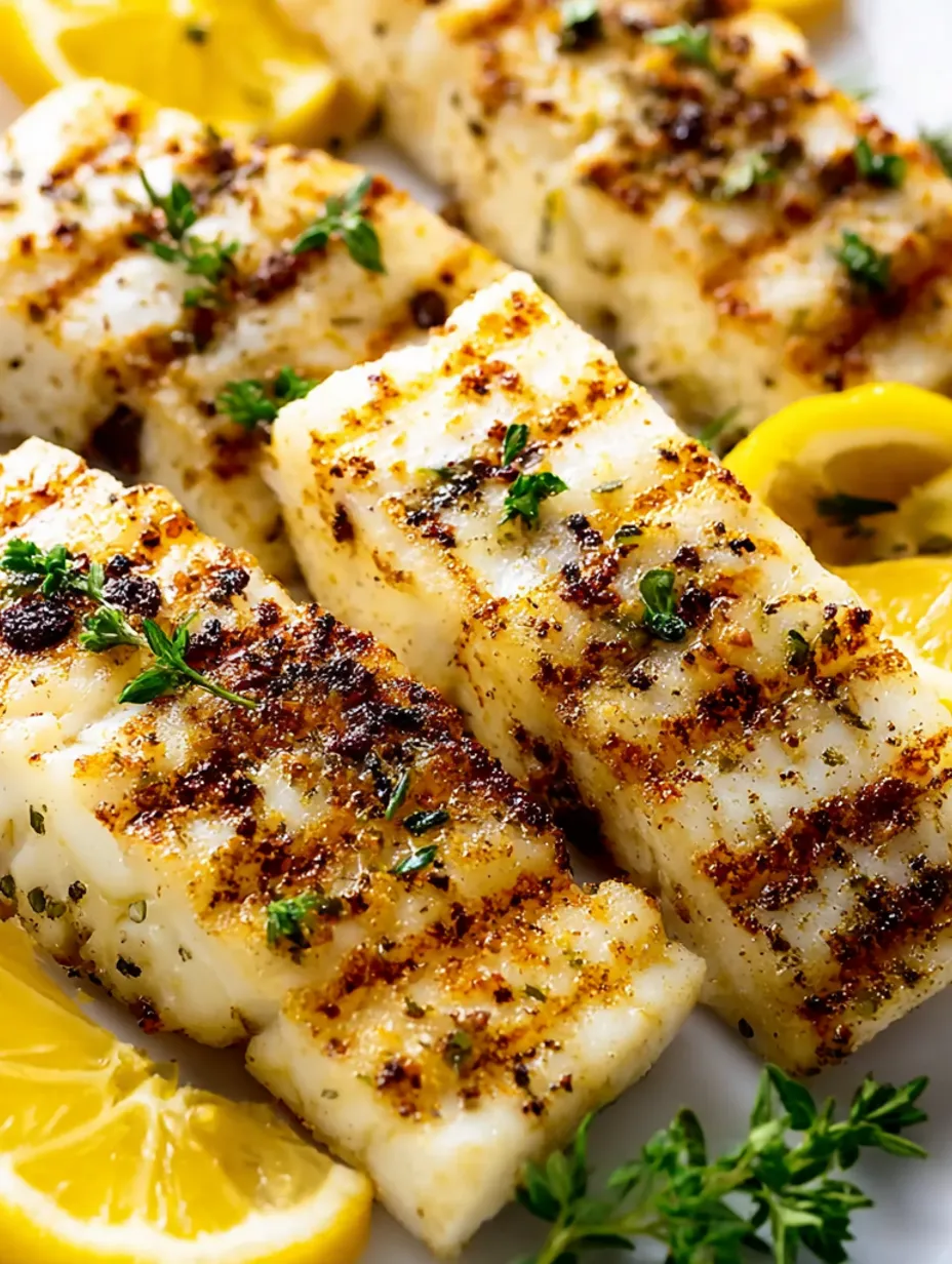 Grilled halibut with lemon wedges.