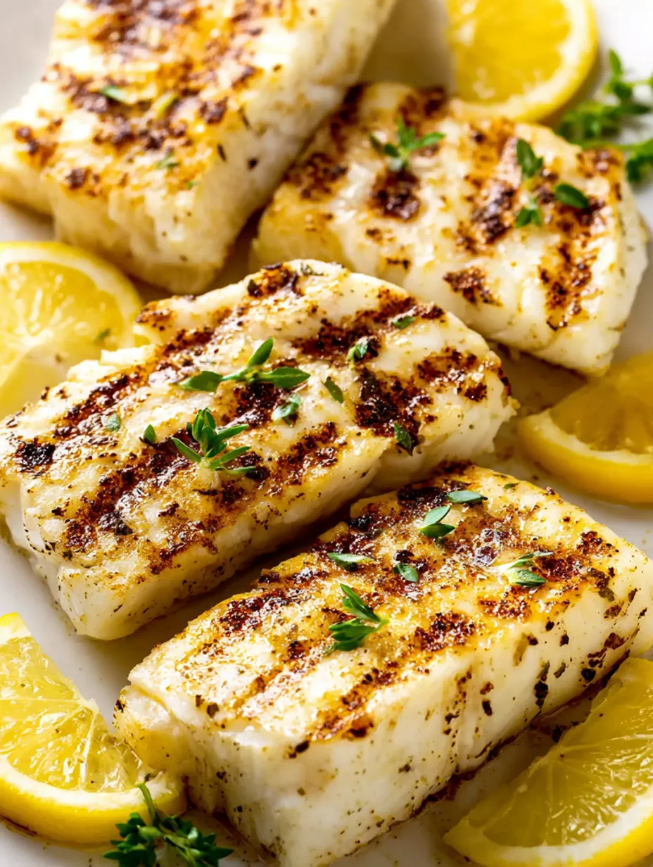 Grilled halibut with lemon wedges.