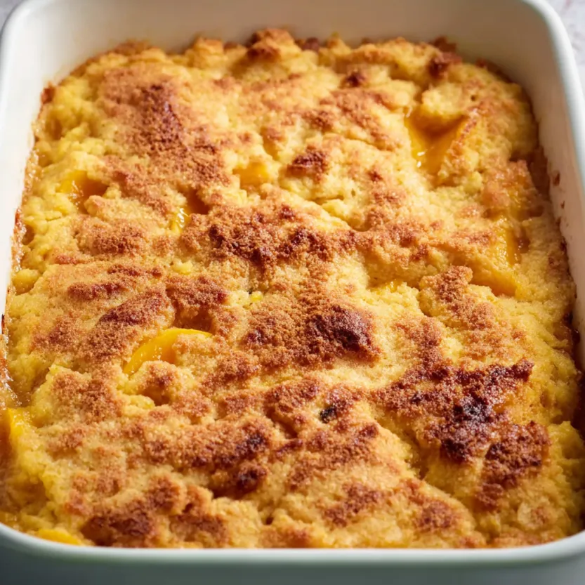 A white bowl filled with a peach dump cake.