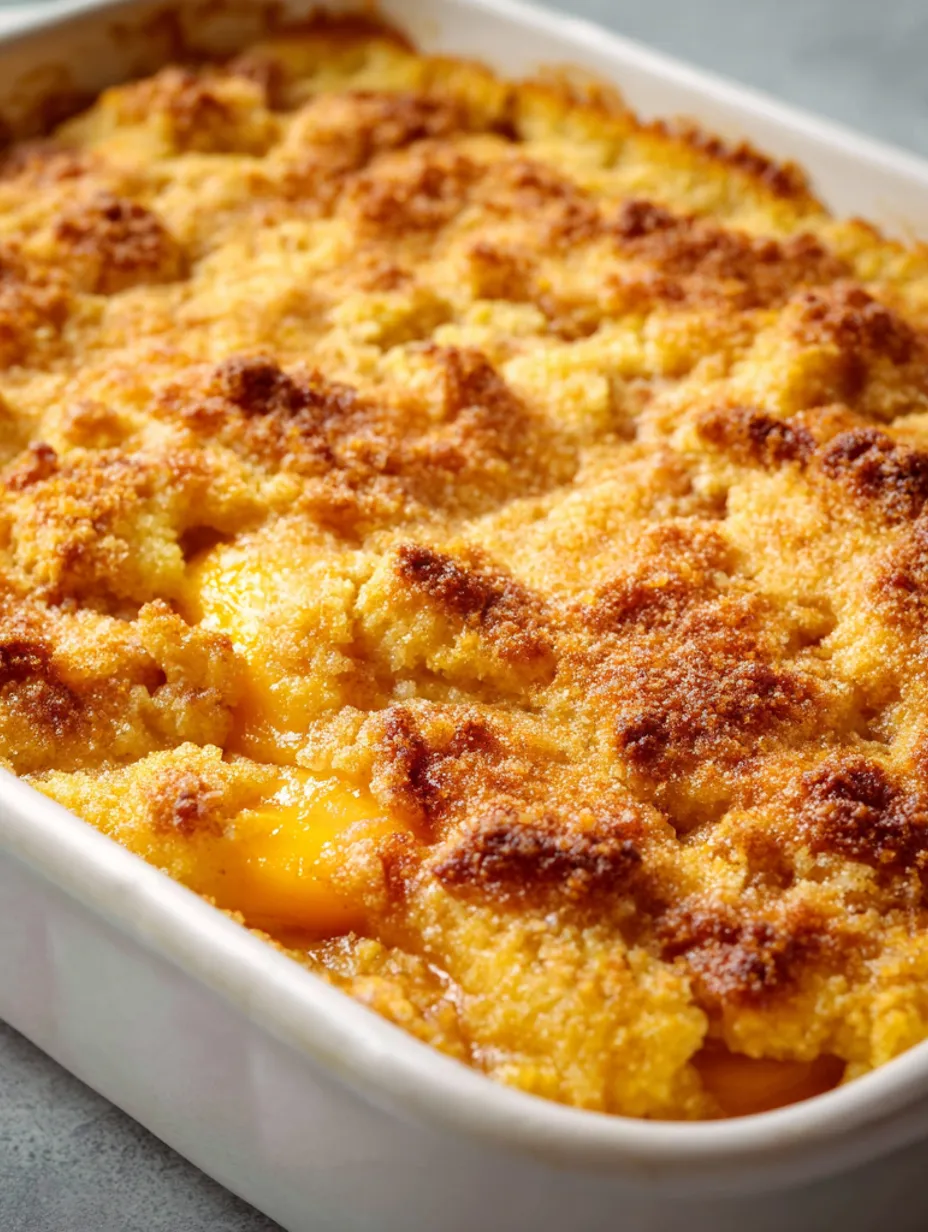 A peach dump cake in a white bowl.