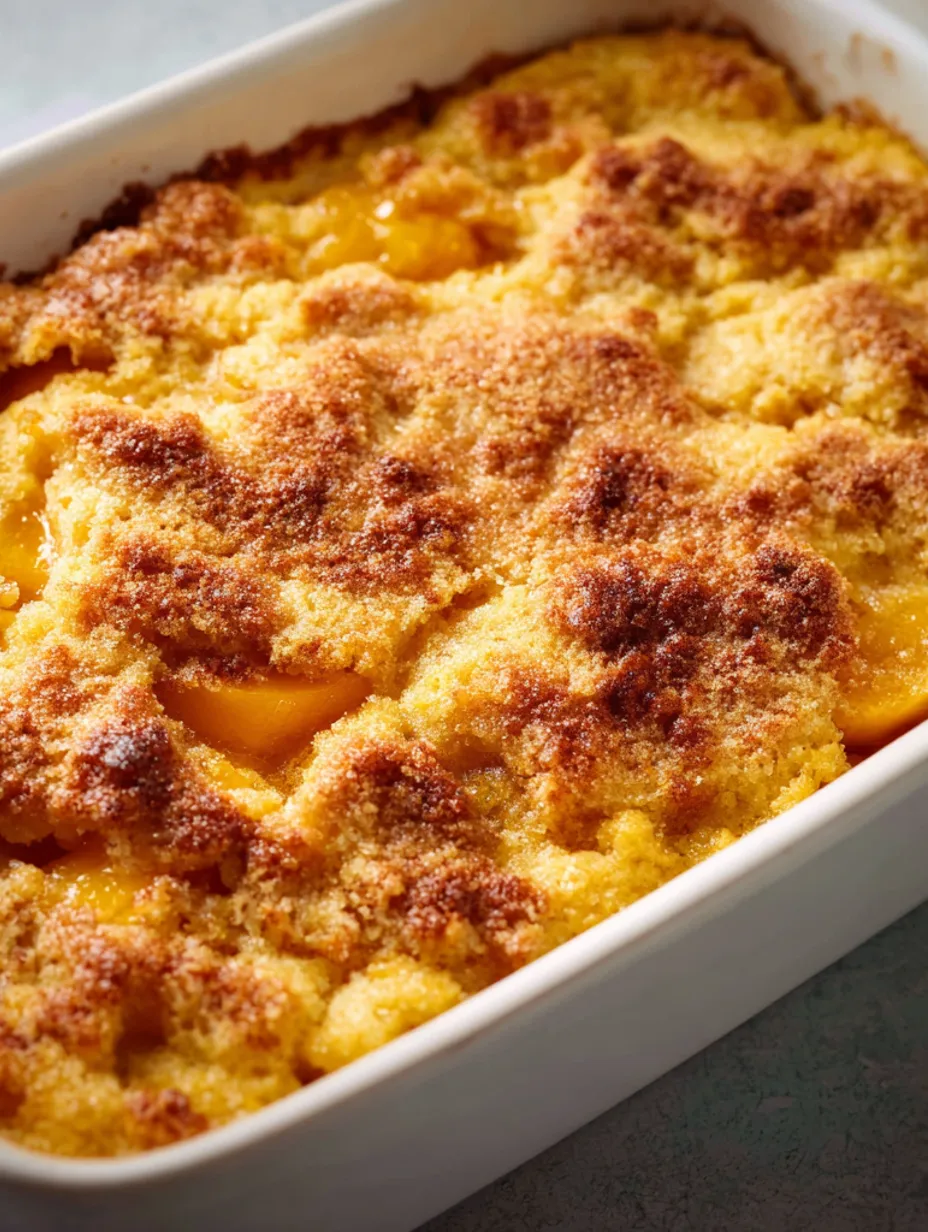 A peach dump cake in a white bowl.