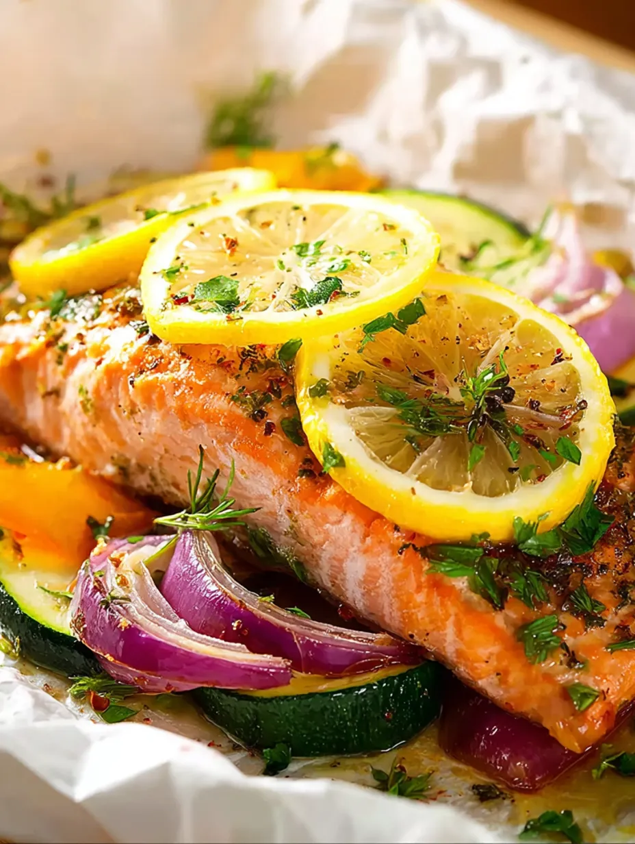 A salmon fillet with lemon wedges on top.