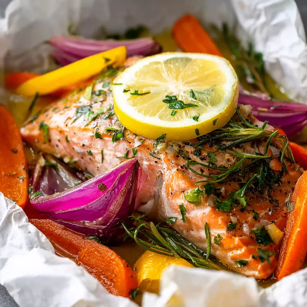 A piece of salmon with lemon and herbs on top.