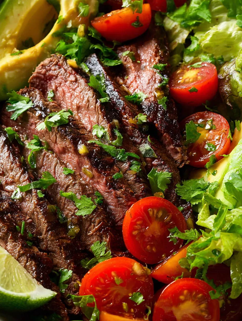 A close up of a piece of carne asada with tomatoes and cilantro.